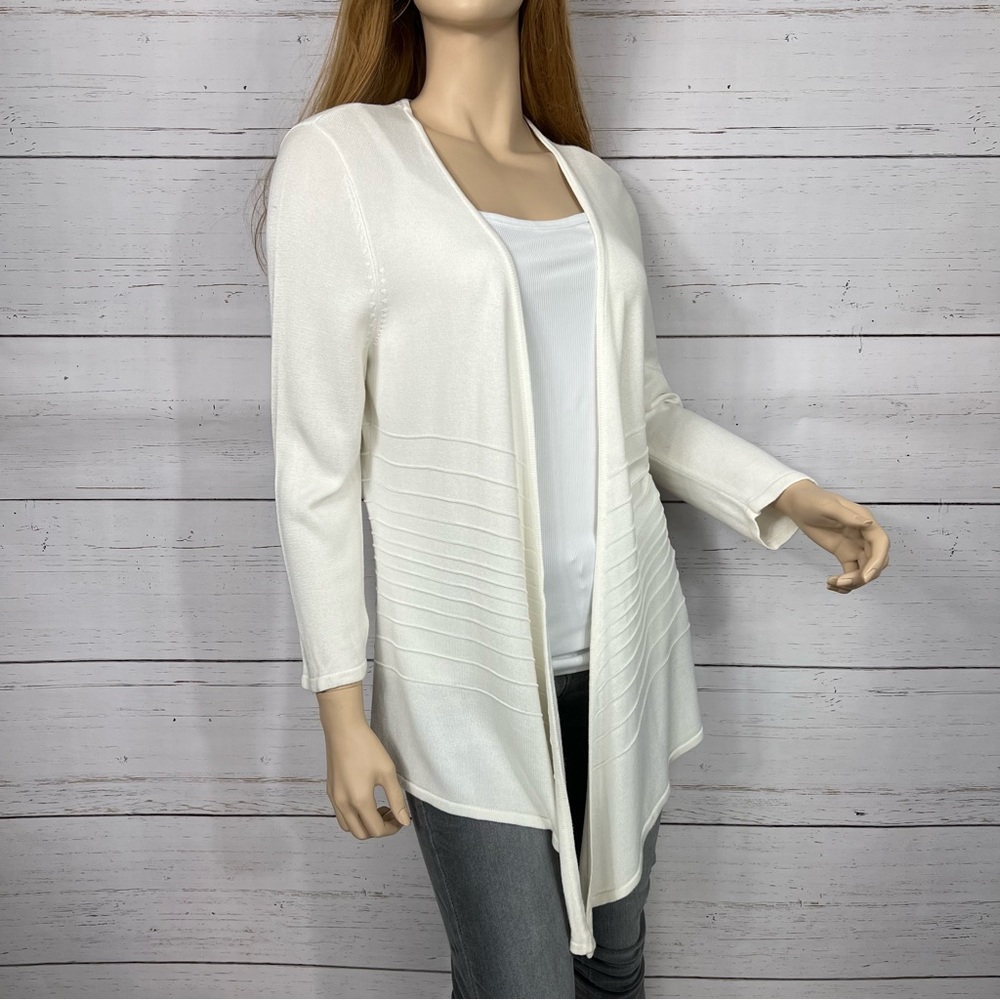 WHITE HOUSE BLACK MARKET White Ribbed Long Sleeve Asymmetrical Drape Cardigan
